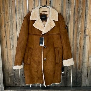 DKNY Men's Shearling Walking Coat with Faux Fur Collar